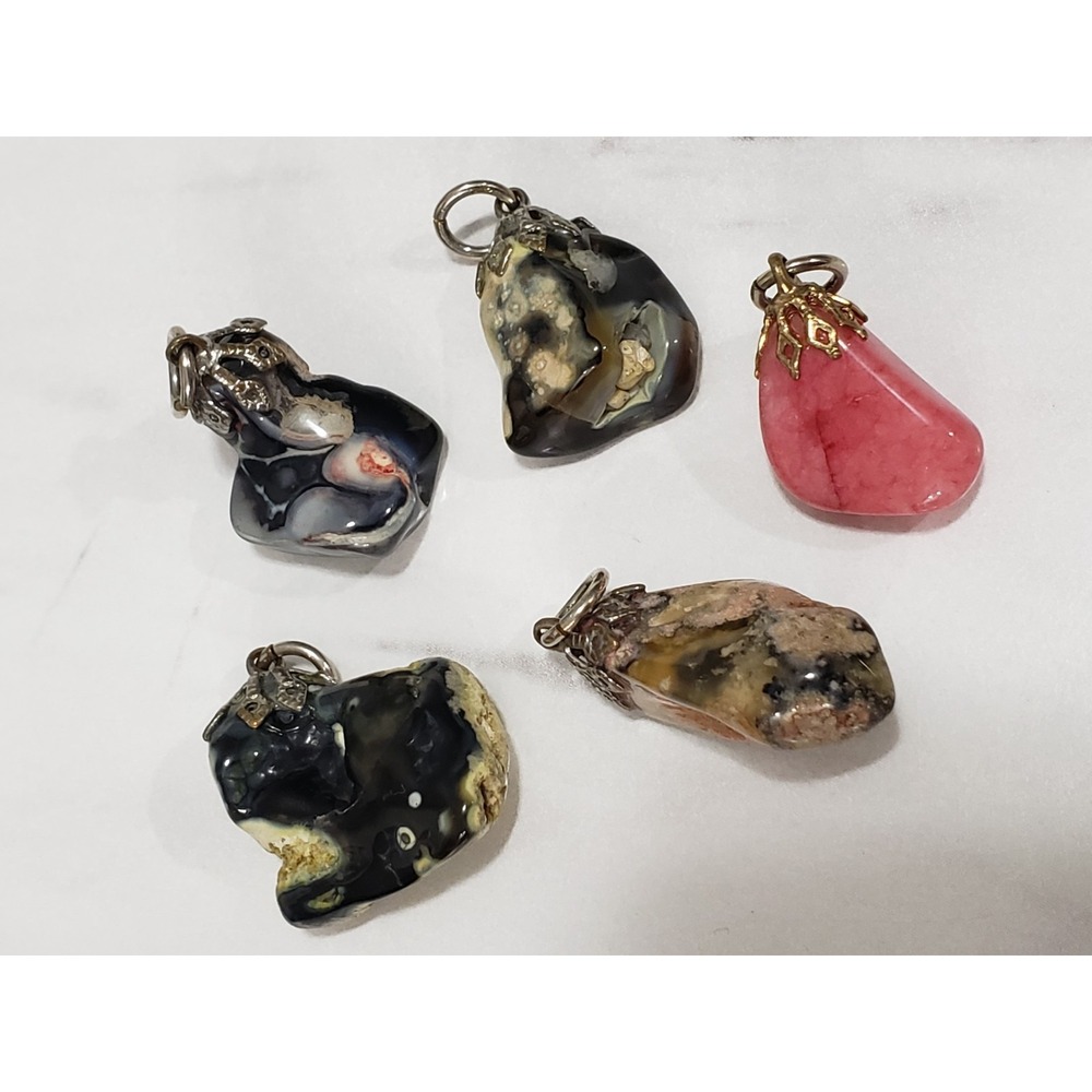Vintage Polished Stone Pendant Lot of 5 Pendants Polished Rock Jewelry 1960s